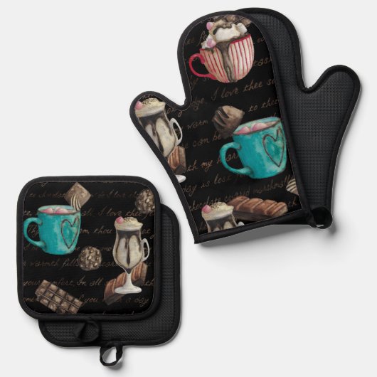 Cacao Marshmallow Hot Chocolate snoep script Ovenwant & Pannenlap Set (Voorkant / Achterkant)