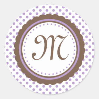 Cacao & Paarse Polka Dots Monogram Initiaal Sticke Ronde Sticker