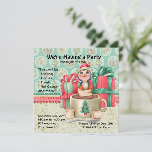 Cacao Penguin Winter Party Kaart (Staand voorkant)