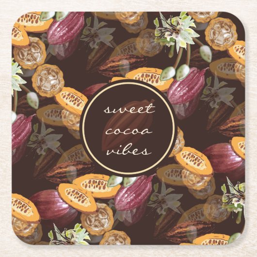 Cacaobonen en bloemen, chocoladepatroon kartonnen onderzetters (Voorkant)