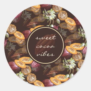 Cacaobonen en bloemen, chocoladepatroon ronde sticker