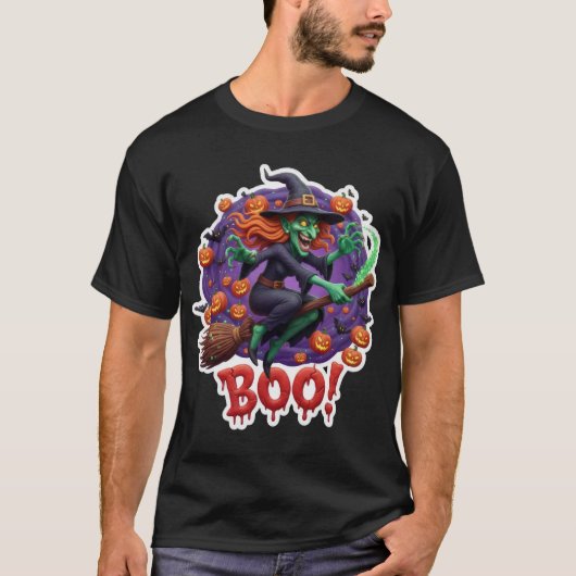Cackling witch on broomstick surrounded by pumpkin t-shirt (Voorkant)