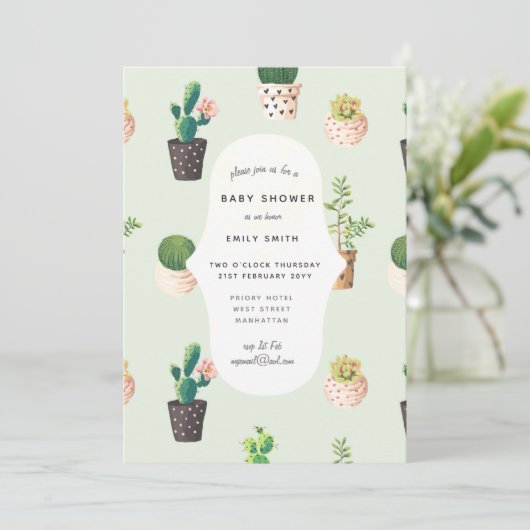 Cacti Baby Shower Uitnodigingen Waterverf Succulen (Staand voorkant)