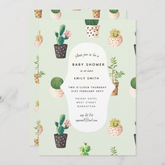 Cacti Baby Shower Uitnodigingen Waterverf Succulen (Voorkant / Achterkant)