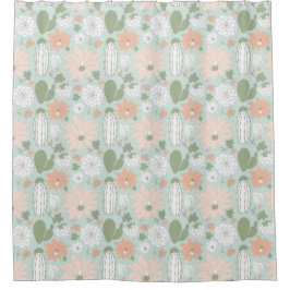 Cacti Cactus Peach Green Succulents Floral Print Douchegordijn