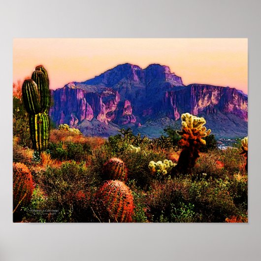 Cacti en Paarse Mountain Arizona woestijn 14x11 Poster (Voorkant)