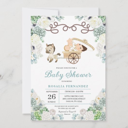 Cacti Floral Mexican Baby Boy Charro Baby shower Kaart (Voorkant)