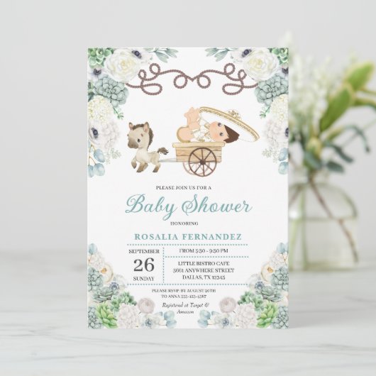 Cacti Floral Mexican Baby Boy Charro Baby shower Kaart (Staand voorkant)