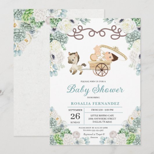 Cacti Floral Mexican Baby Boy Charro Baby shower Kaart (Voorkant / Achterkant)