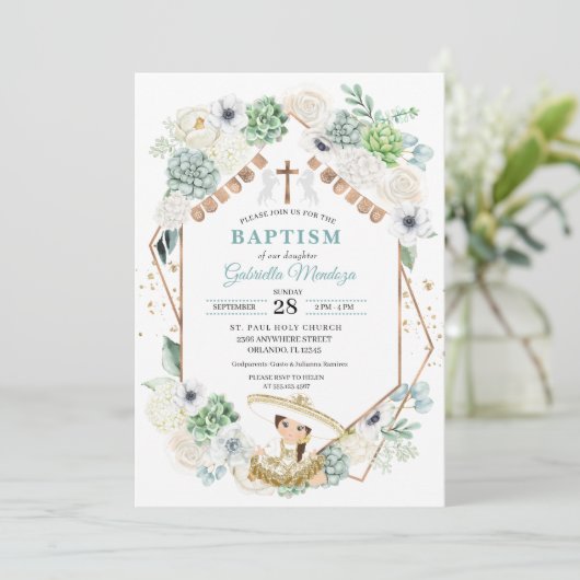 Cacti Floral Mexican Baby Girl Charra Baptisme Kaart (Staand voorkant)