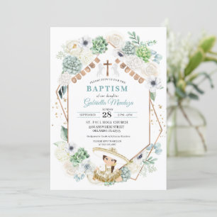 Cacti Floral Mexican Baby Girl Charra Baptisme Kaart