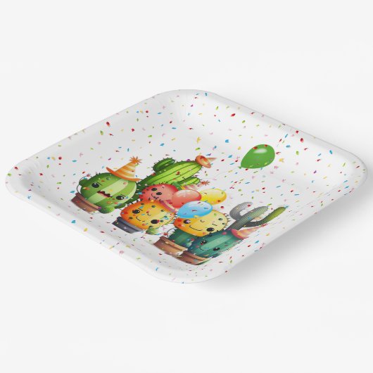 Cacti Groep met Partij Confetti Papieren Bordje (Gebogen)