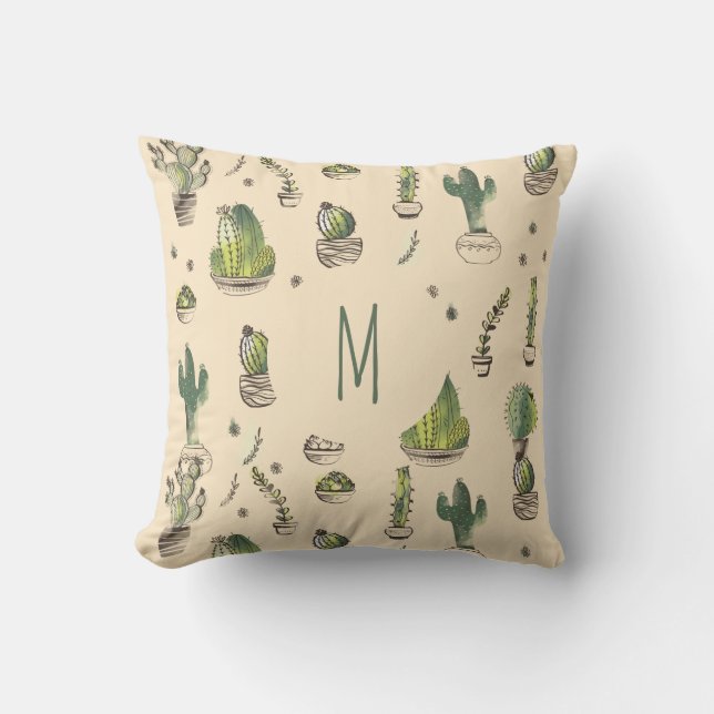 Cacti Illustratie Patroon Monogram Kussen (Voorkant)