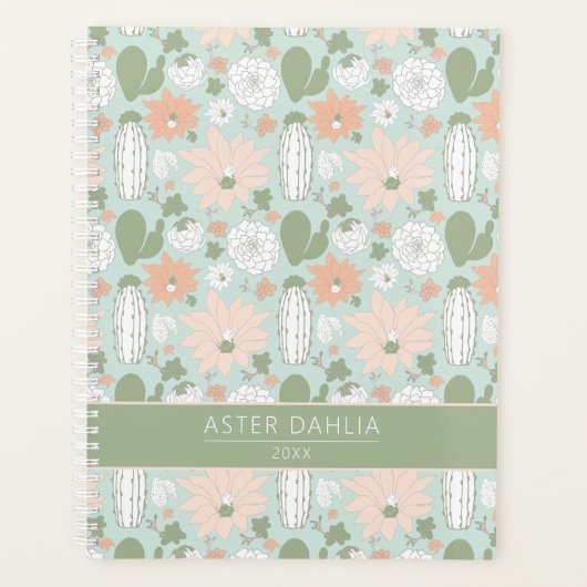 Cacti peach Green Floral Pattern met naam Planner (Voorkant)
