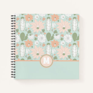 Cacti Peach Green Floral Pattern Monogram afspelen Notitieboek