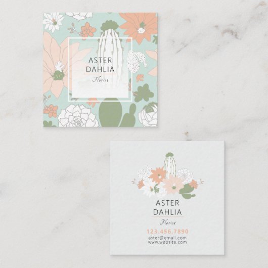 Cacti Peach Green Floral Pattern Vierkante Visitekaartje (Voorkant / Achterkant)