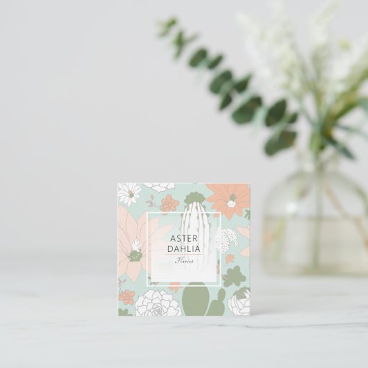 Cacti Peach Green Floral Pattern Vierkante Visitekaartje (Staand voorkant)