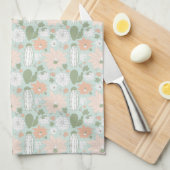 Cacti Peach Green White Floral Print Kitchen Towel Theedoek (Quarter Fold)