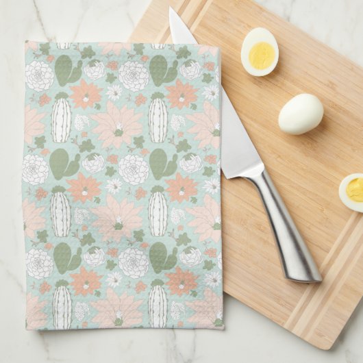 Cacti Peach Green White Floral Print Kitchen Towel Theedoek (Quarter Fold)