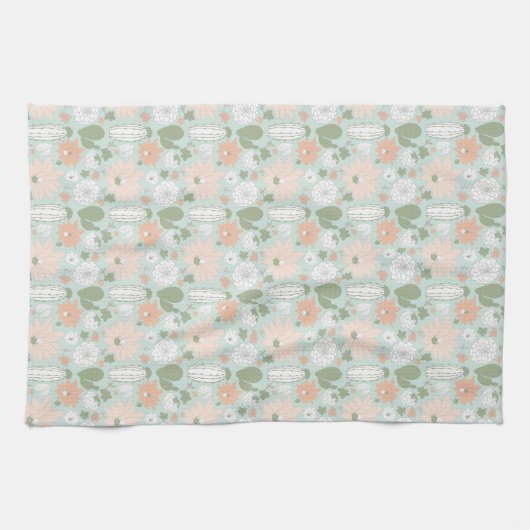 Cacti Peach Green White Floral Print Kitchen Towel Theedoek (Horizontaal)