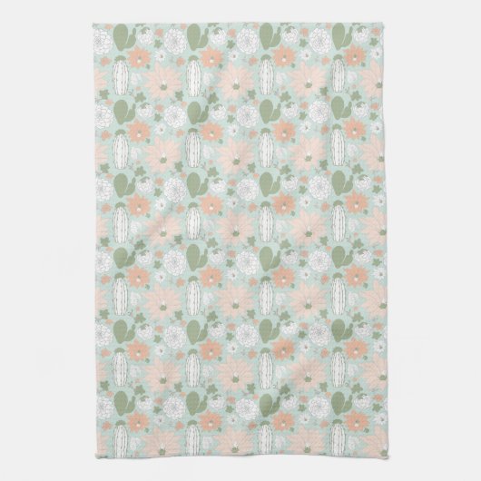 Cacti Peach Green White Floral Print Kitchen Towel Theedoek (Verticaal)
