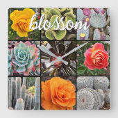 Cacti Rozen Fotocollage Blossom Quote Script Vierkante Klok (Voorkant)