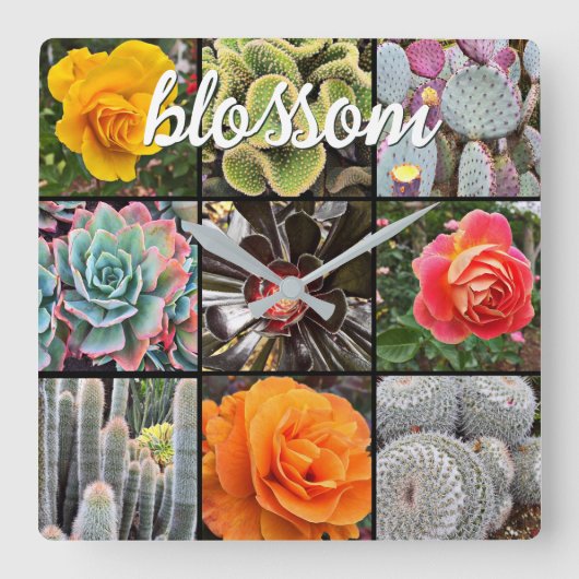 Cacti Rozen Fotocollage Blossom Quote Script Vierkante Klok (Voorkant)