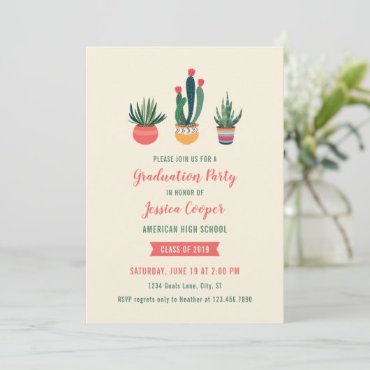 Cacti Succulent Afstuderen Invitation Kaart (Staand voorkant)