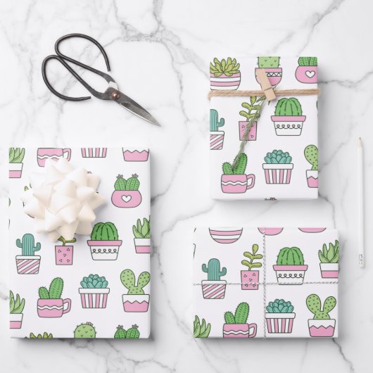 Cacti Succulents Planten Doodles Pattern Inpakpapier Vel (Voorkant)
