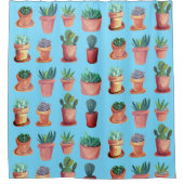 Cacti Succulents Waterverf Terracotta Blue Douchegordijn (Voorkant)