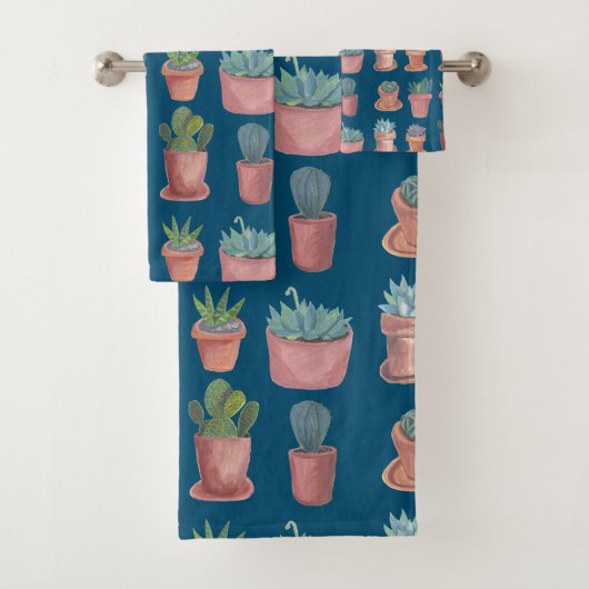 Cacti Succulents Waterverf Terracotta Pots Indigo Bad Handdoek (Insitu)