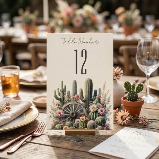 Cacti & Wagon Wiel Rustieke Tafelnummer voor Huwel