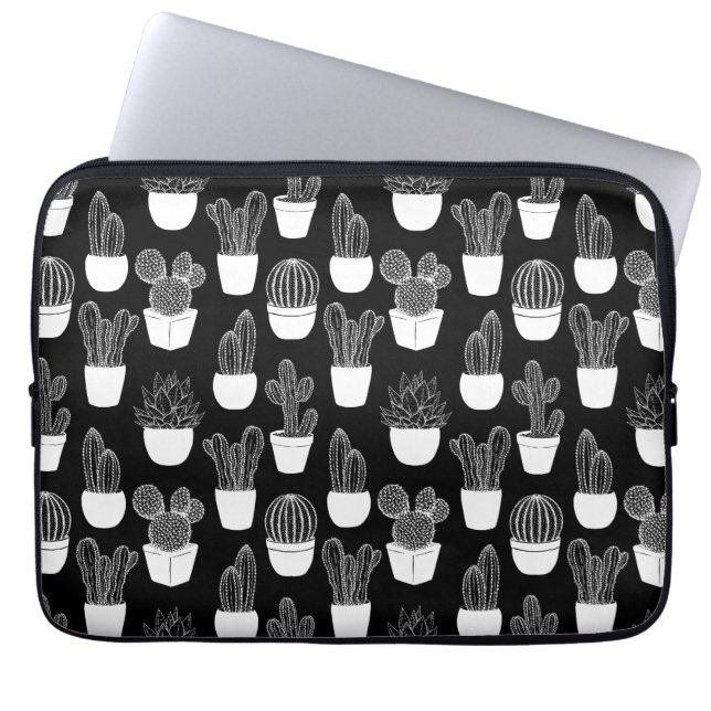 Cacti Witte Lijn Kunstpatroon Laptop Sleeve (Voorkant)