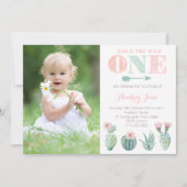 Cactus 1st Birthday Invitations for Girl, Pastels Kaart (Voorkant)
