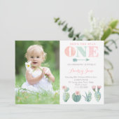 Cactus 1st Birthday Invitations for Girl, Pastels Kaart (Staand voorkant)