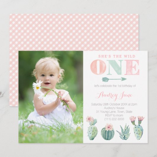 Cactus 1st Birthday Invitations for Girl, Pastels Kaart (Voorkant / Achterkant)
