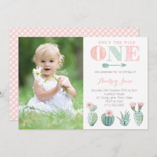 Cactus 1st Birthday Invitations for Girl, Pastels Kaart
