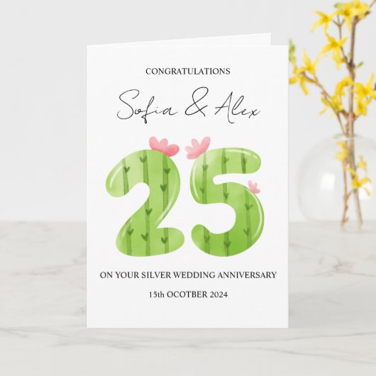 Cactus 25ste huwelijksverjaardag groet kaart (Gele Bloem)