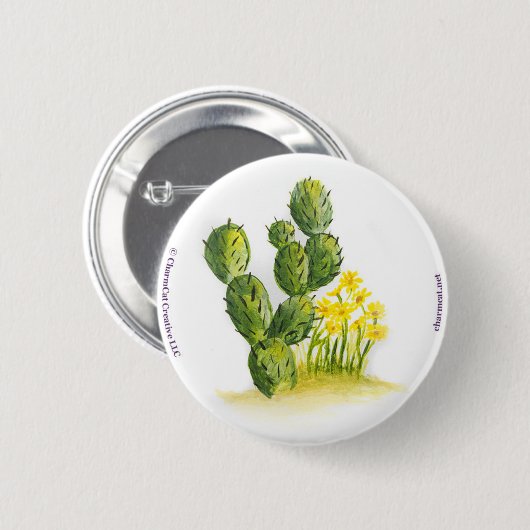 Cactus and Yellow Flowers Pin Back Button (Voorkant /achterkant)
