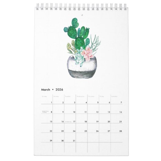 Cactus ans succulents in waterverf kalender (Mar 2026)