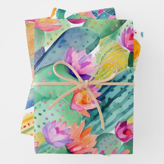 Cactus Art Combo Groen Wit Roze Woestijn Zuidwest Inpakpapier Vel (In situ)