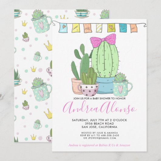 Cactus Baby Girl | uitnodiging tot baby shower (Voorkant / Achterkant)