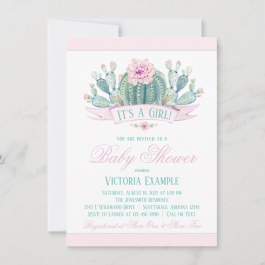 Cactus Baby Meisje Douche Uitnodigingen (Voorkant)