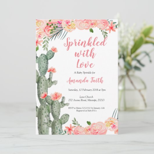 Cactus Baby Sprinkle Uitnodiging Kaart Bloemen (Staand voorkant)
