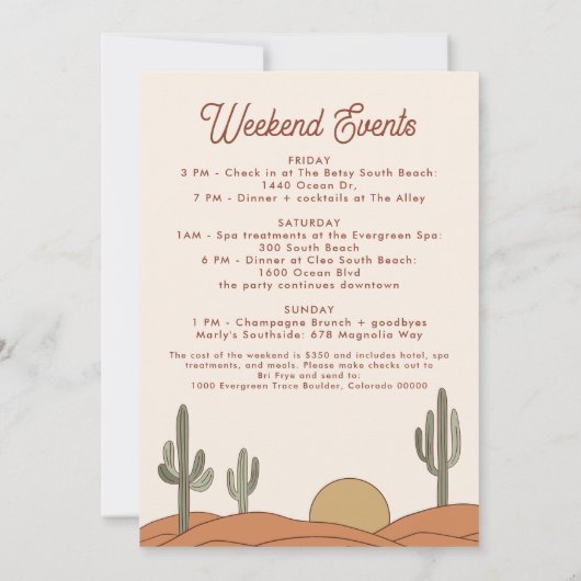 Cactus Bachelorette Party uitnodiging + route (Achterkant)