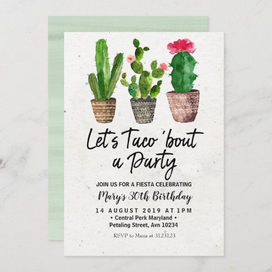 Cactus Birthday Fiesta Party Invitation Kaart (Voorkant / Achterkant)