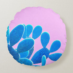 Cactus blauw gekleurd op de roze achtergrond. Mode Rond Kussen