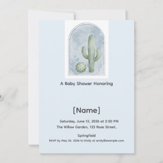 Cactus Blauwe Baby Shower Uitnodiging, Bewerkbaar Kaart
