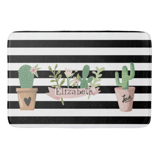 Cactus Bloem Zwart Wit Strepen Badmat (Voorkant)
