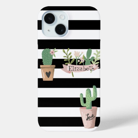 Cactus Bloem Zwart Wit Strepen Case-Mate iPhone Case (Achterkant)